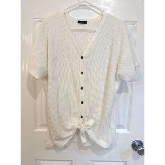 Miholl Women's Cream Waffle Knit Button Tie‎ Front Top Short Sleeve - Picture 1 of 5